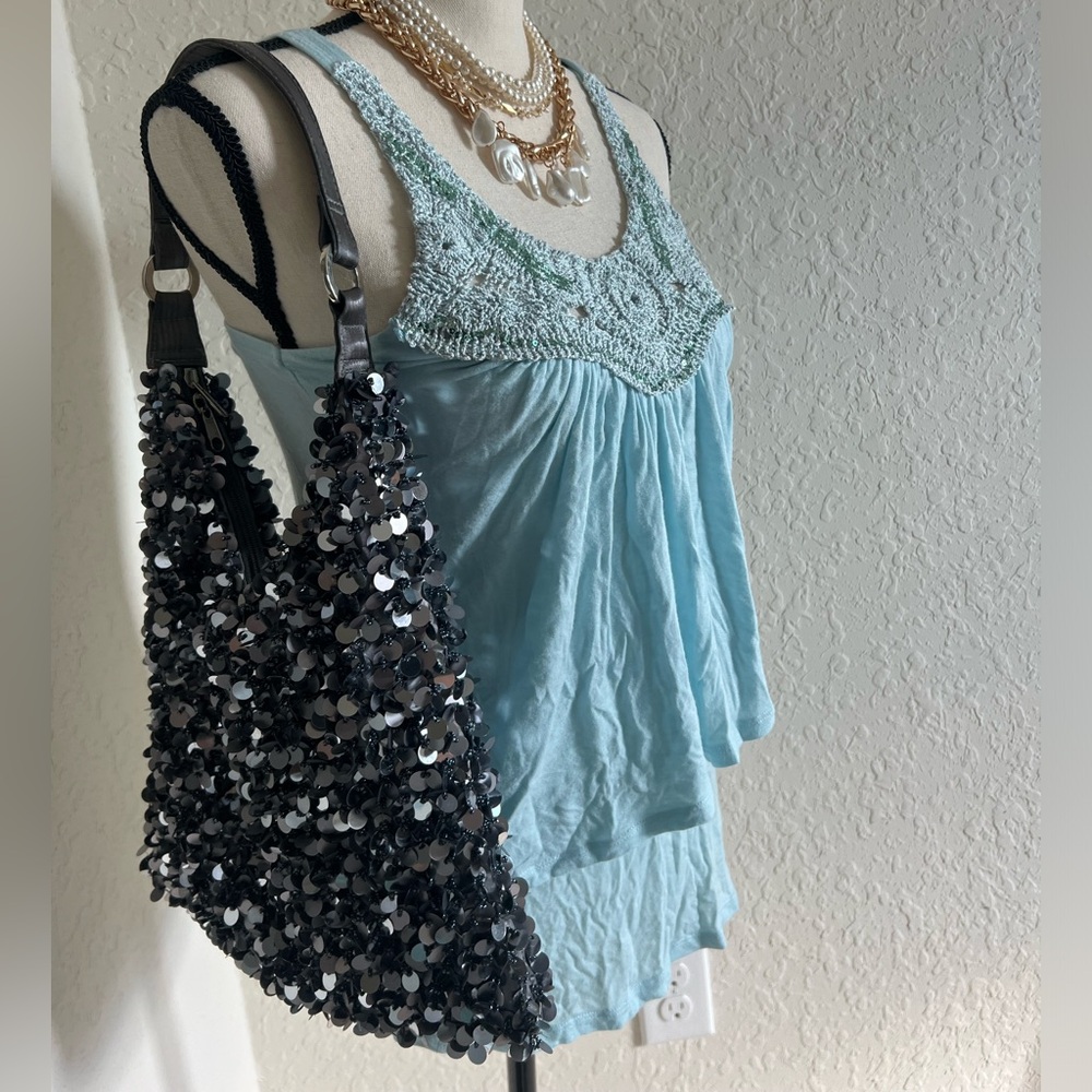 VINTAGE UNIQUE SASHA SEQUIN
SHOULDER BAG! STUNNING SILVER !